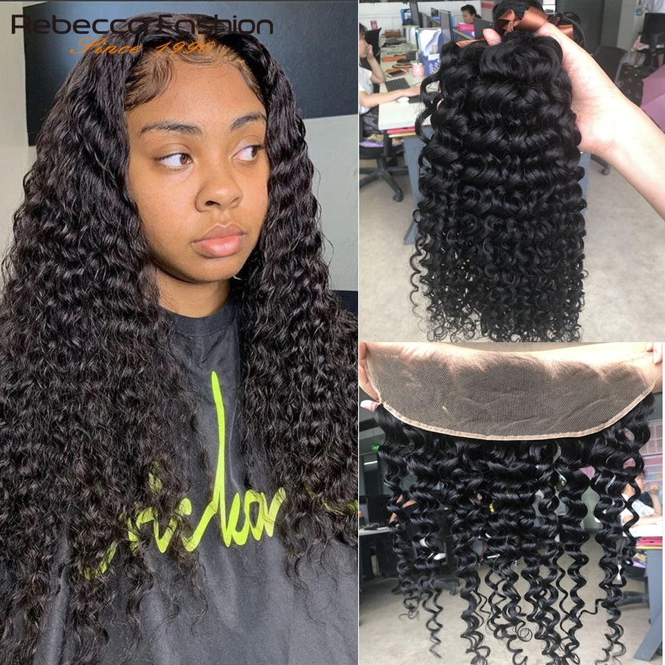 Rebecca Brazilian Water Wave Bundles With Frontal Lace Frontal Closure With Bundles Remy Human Hair 3 Bundles With Frontal