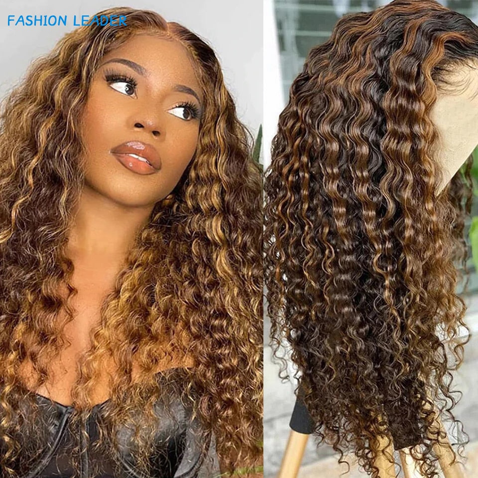 Highlight Wig Human Hair Deep Wave Frontal Wig T Part Ombre Transparent Lace Front Wig Curly Human Hair Wig 30 Inch